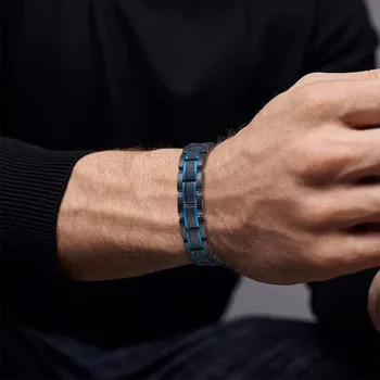 

LUXURY GENTS BRACELET FOR MEN BLUE & BLACK LINKS STAINLESS STEEL ADJUSTABLE MEAL JEWELRY GIFT FOR HIS