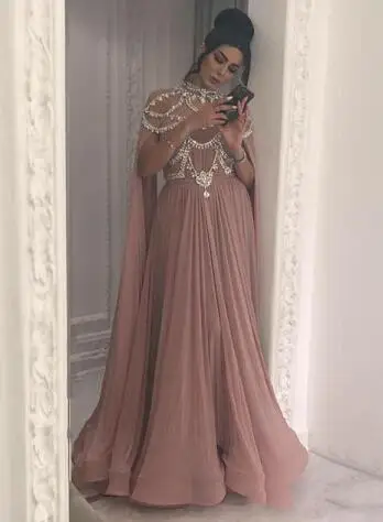 Элегантные пыльно-розовые вечерние платья с длинными рукавами на Ближнем Востоке, арабское женское вечернее платье, платья с высоким воротом, вечерние платья с бисером - Цвет: Розовый