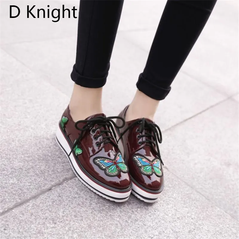 Plus Size 34-43 Women Oxford Brogue Shoes Patent Leather Wedge Heels Platform Shoes Woman Lace-up Oxford Shoes For Women Creeper (16)