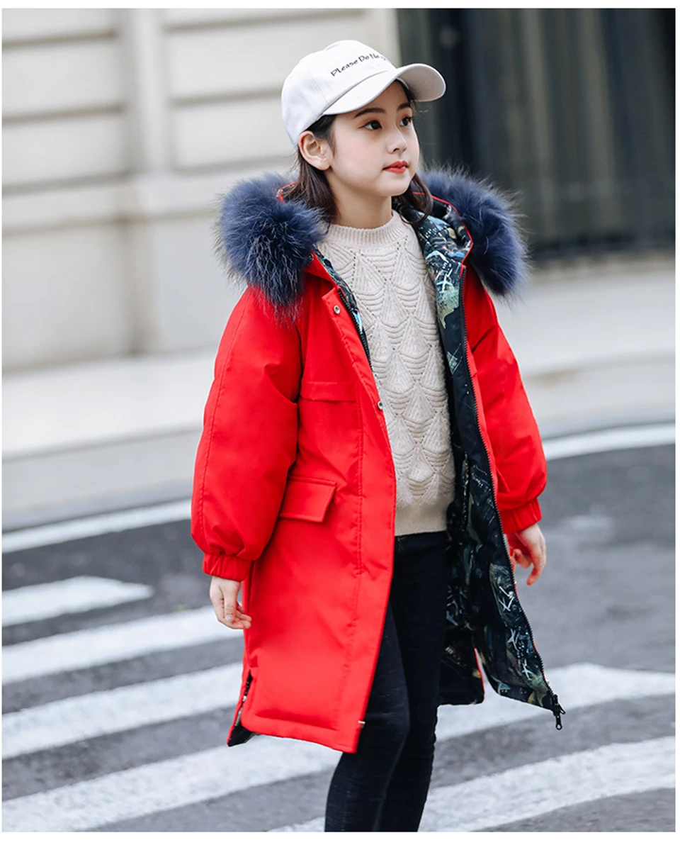 Зимние куртки для девочек, коллекция года, новая детская одежда, парка Теплая детская одежда с капюшоном и натуральным мехом для девочек верхняя одежда, пуховые пальто на утином пуху для подростков - Цвет: Красный