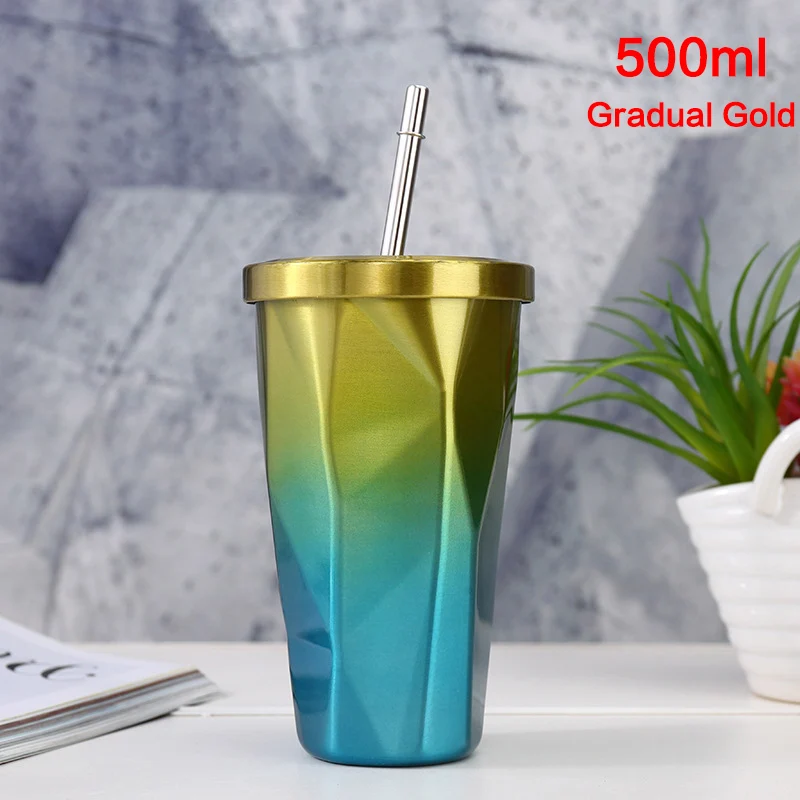 Термосы 600 мл, термос с смешной градиентной цветной изоляцией, Термокружка для кофе в машину, бутылка для напитков для кофе с соломинкой - Цвет: Gold 00245
