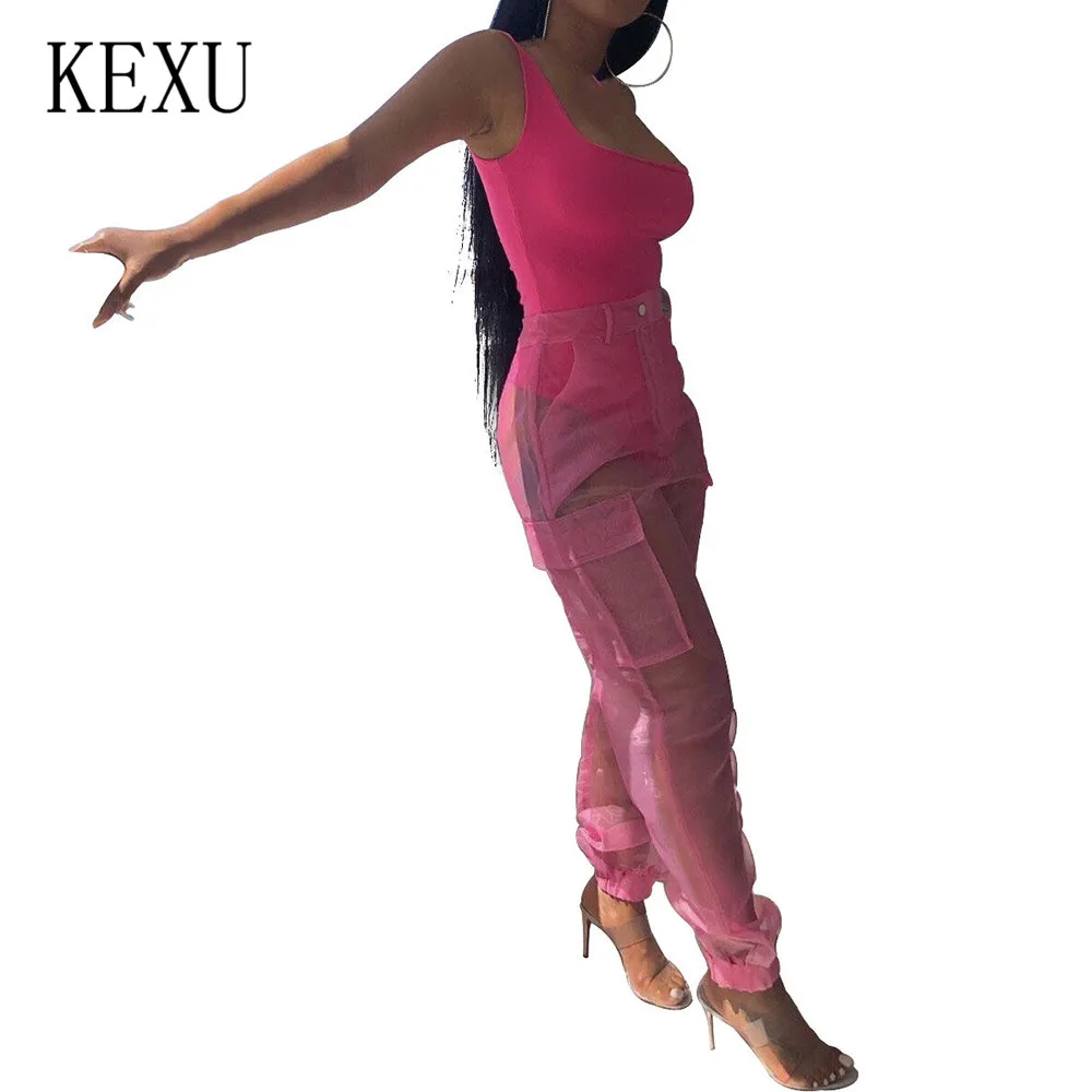 KEXU Rompers Women Fashion Organza Jumpsuits Casual Two Pieces Set Sleeveless Top and See Through Mesh Pants Ladies Playsuits KEXU Rompers Women Fashion Organza Jumpsuits Casual Two Pieces Set Sleeveless Top and See Through Mesh Pants Ladies Playsuits