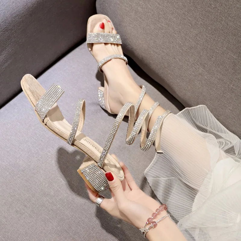 Летние сексуальные женские сандалии с открытым носком, со стразами, на ремне, с перекрестными ремешками, на высоком каблуке; свадебные модельные туфли; Q00039
