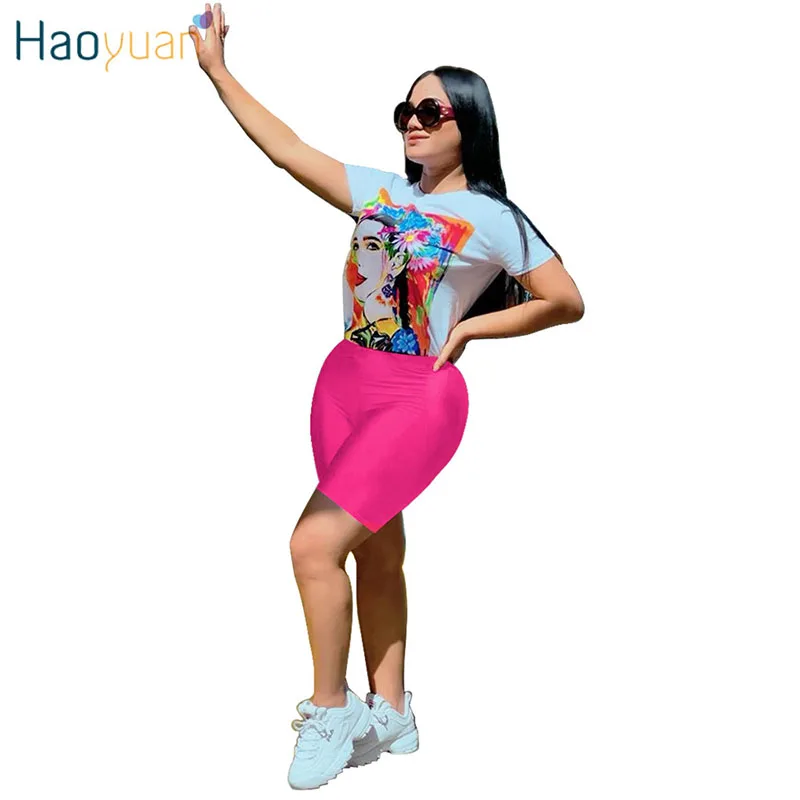 

HAOYUAN Cartoon Print Two Piece Set Tracksuit Tops+Biker Shorts Sweat Suit 2 Pcs Matching Sets Summer Streetwear Womens Outfits