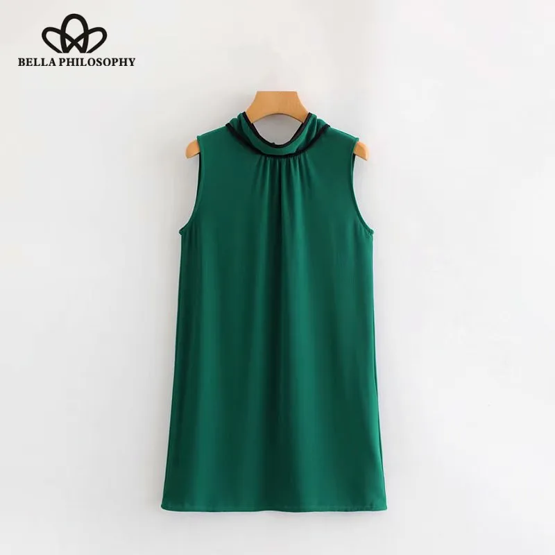 Wonder 2018 new vintage stand collar back v bowknot chiffon mini dress female sleeveless vest vestidos chic pleats party dress