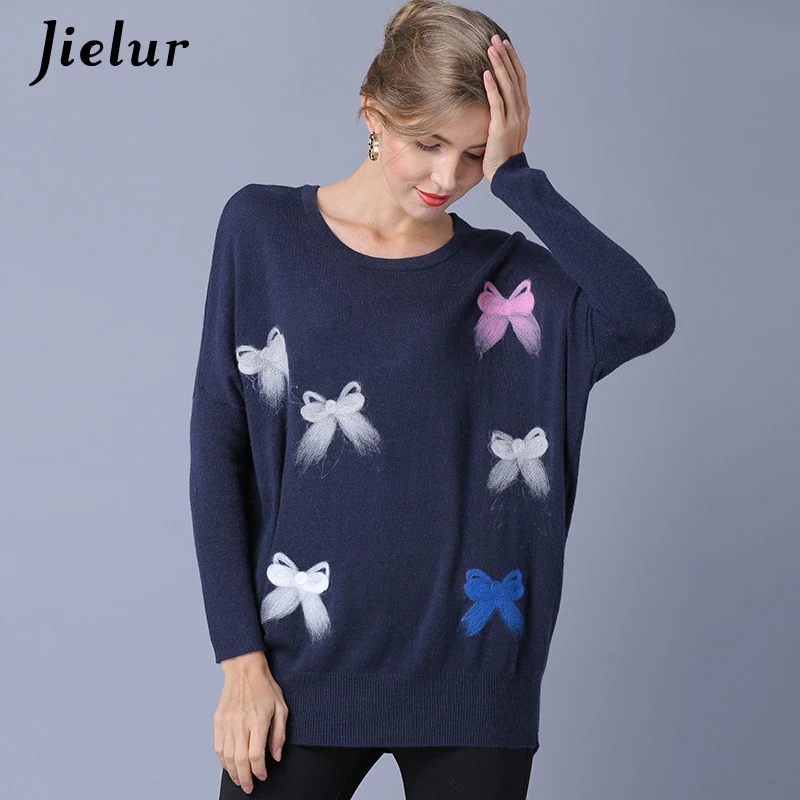 Jielur 2018 Elegant Bow Tie Knitted Sweater Women Tops O Neck Sweet