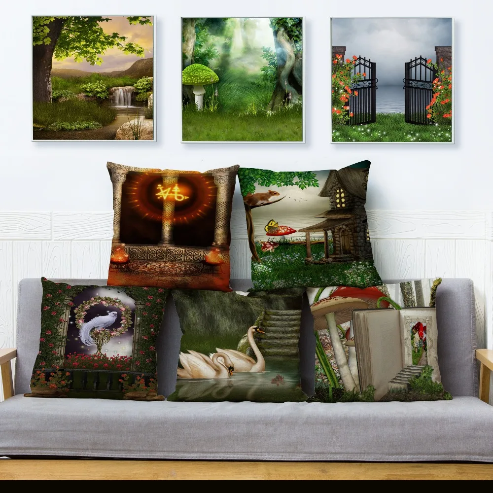 

Gothic Style Magic Scenic Mushroom Print Cushion Cover Beige Linen Pillowcase 45*45 Throw Pillows Covers Home Decor Pillow Case
