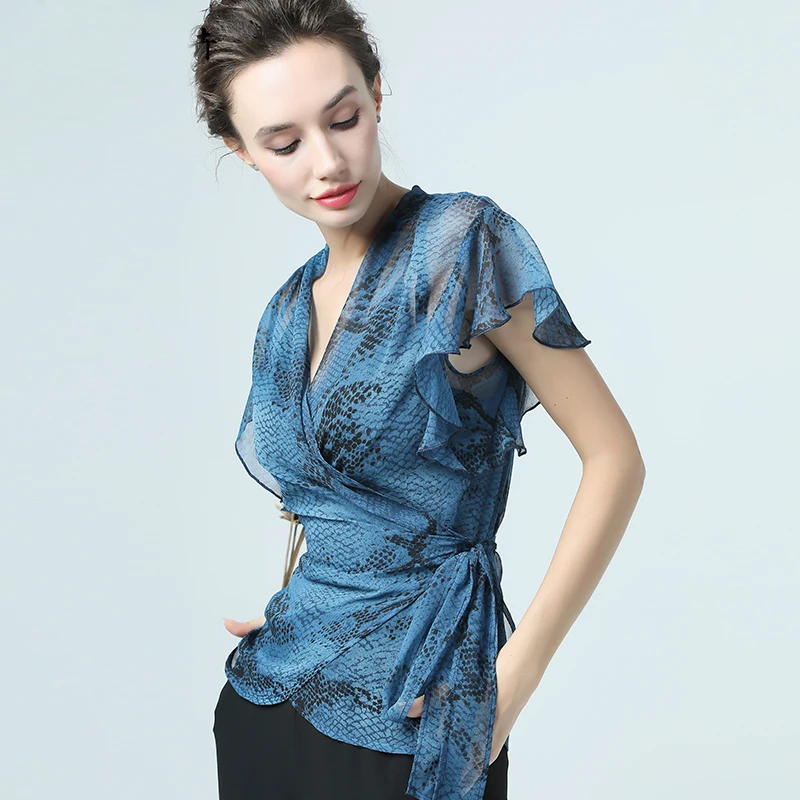 2019 Summer Women Snake Skin Blouse Crossed V Neck