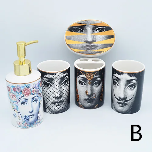 Милан Стиль Fornasetti Зубная щётка стаканы мыльница Ванна бутылка шампуня Благородный Золотой Край Ванная комната поставки бар отеля Применение - Цвет: 5 PCS SET B