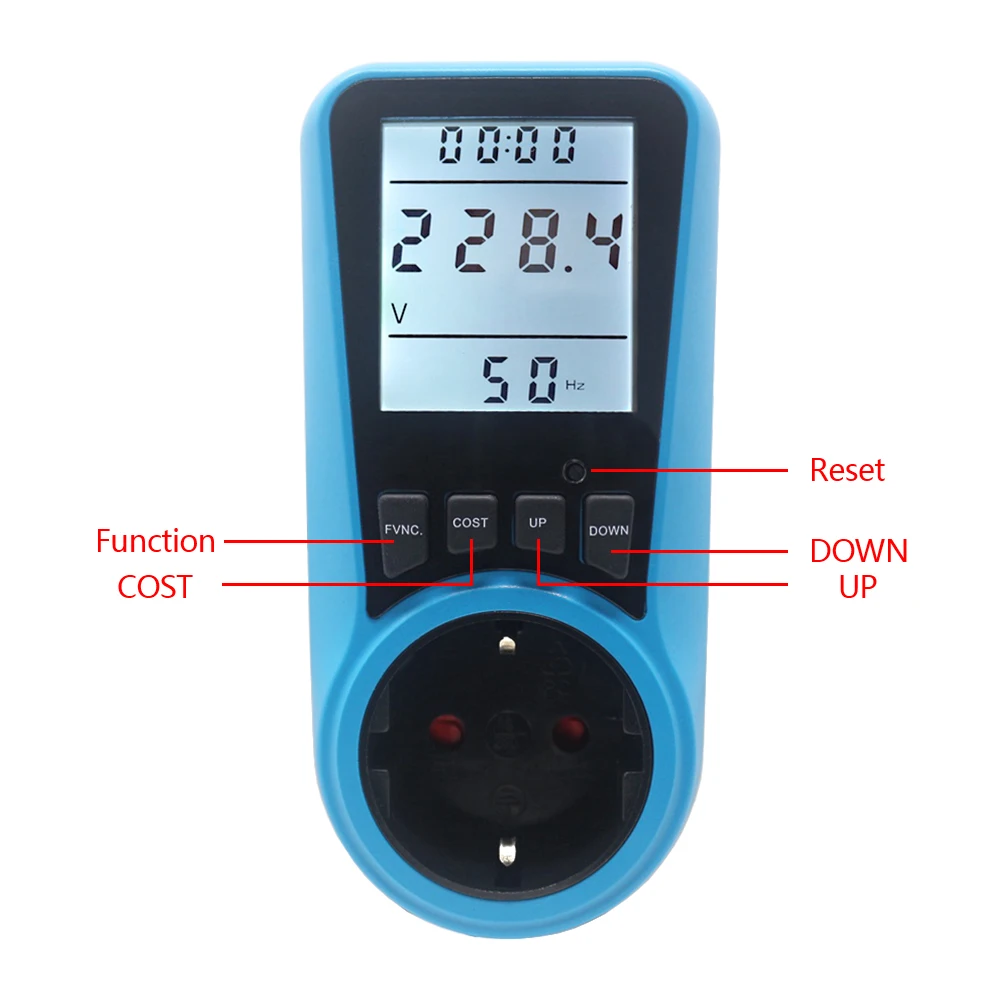 Измеритель мощности переменного тока, 230 В, 50 Гц, цифровой ваттметр, счетчик энергии, время, ватт, напряжение, ток, Herz, цена, дисплей, розетка европейского стандарта