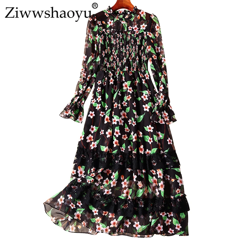 

Ziwwwshaoyu Vacation Lace Patchwork Chiffon dresses Vintage Print elegant Stand dress 2019 spring and summer new women