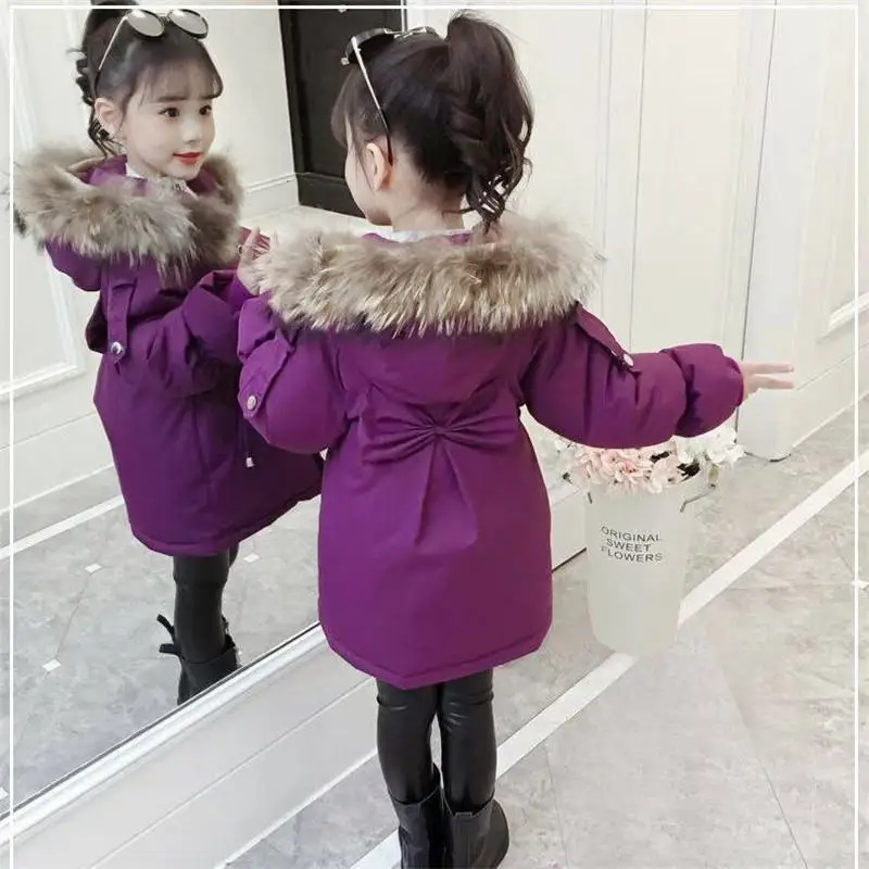 

2019 New Fashion Winter Warm Jackets For Girls Children Cotton Long Coats Kids Hooded Zipper Bow Solid Parka Thick Outerwear W80