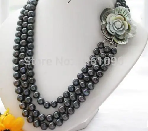 

000467 triple strands natural 9-10mm tahitian black pearl necklace 18-20inch