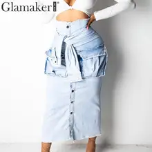 Glamaker джинсовая элегантная юбка с высокой талией женские сексуальные вечерние Клубные прямые синие джинсовые юбки летние бандажные облегающие миди юбки низ
