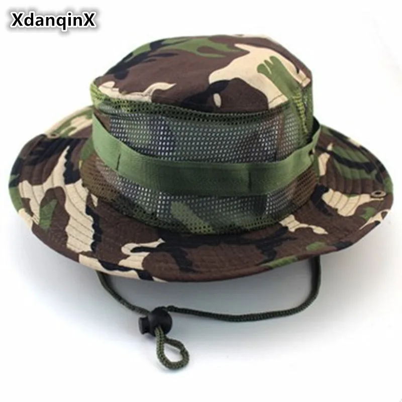 

Outdoor Men Casual Camouflage Bucket Hats Jungle Mountaineering Breathable Mesh Fishing Cap Rope Fixing Round Edge Dad Hat