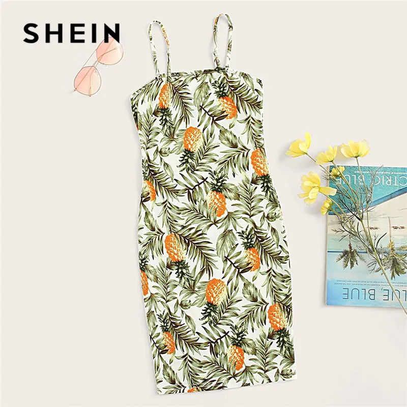 

SHEIN Tropical And Pineapple Print Cami Bodycon Dress Women Boho Sleeveless Slim Mini Dress 2019 Vacation Sexy Summer Dress