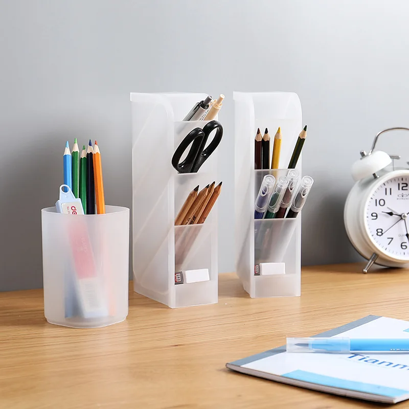 

Multi-function 4 Grid Desktop Pen Holder Office School Storage Case Clear White Plastic Box Desk Pen Pencil Organizer