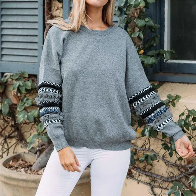 HOT sell sweaters fashion 2018 women Stripe Patchwork Long Sleeve Sweat shirt Pullover Shirt Tops Blouse Invierno O09#N (6)