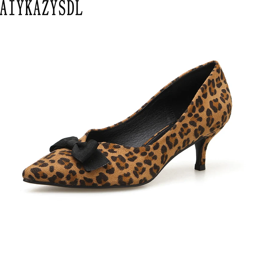 AIYKAZYSDL/женский леопардовый принт; Туфли на каблуке с бантом и бантом; модельные туфли из органической кожи на каблуке «рюмочка» в стиле Лолиты; модные милые туфли-лодочки на среднем каблуке