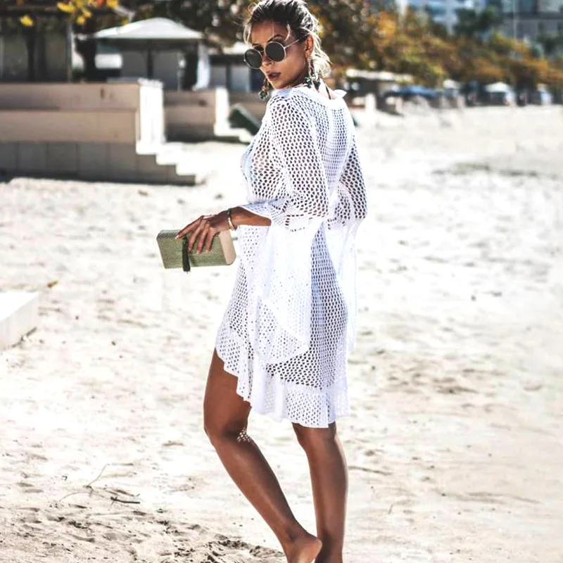 

Women Crochet Knitted Beach Bikinis Cover Up Tunic Long Sleeve Hollow Beachwear ASD88