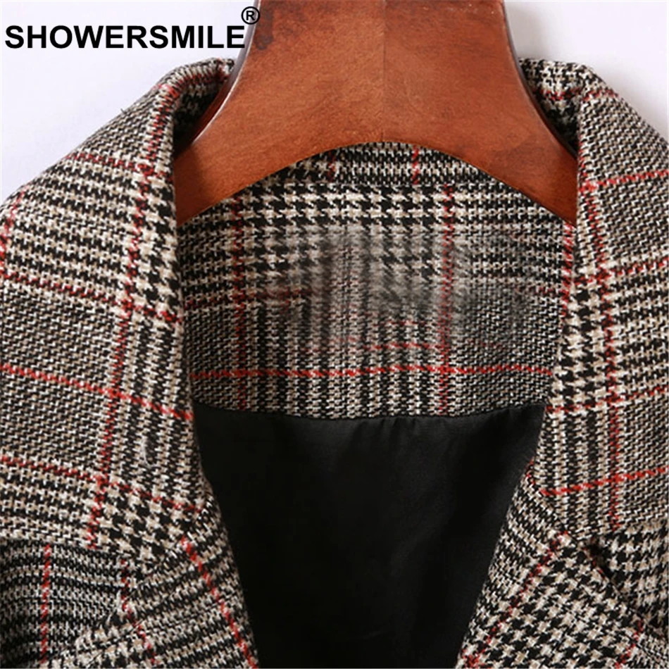 SHOWERSMILE Houndstooth Vests Women Long Grey Check Plaid Coat British Style Sleeveless Vest Female Lapel Collar Retro Waistcoat