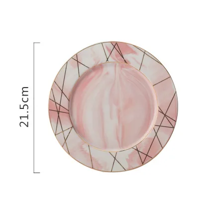 Набор керамических тарелок из мрамора с золотой полосой, фарфоровая тарелка для обеденного торта, фруктов, закусок, обеденная тарелка, тарелка для еды, конфет, поднос, современное круглое блюдо - Цвет: 21.5cm Pink line