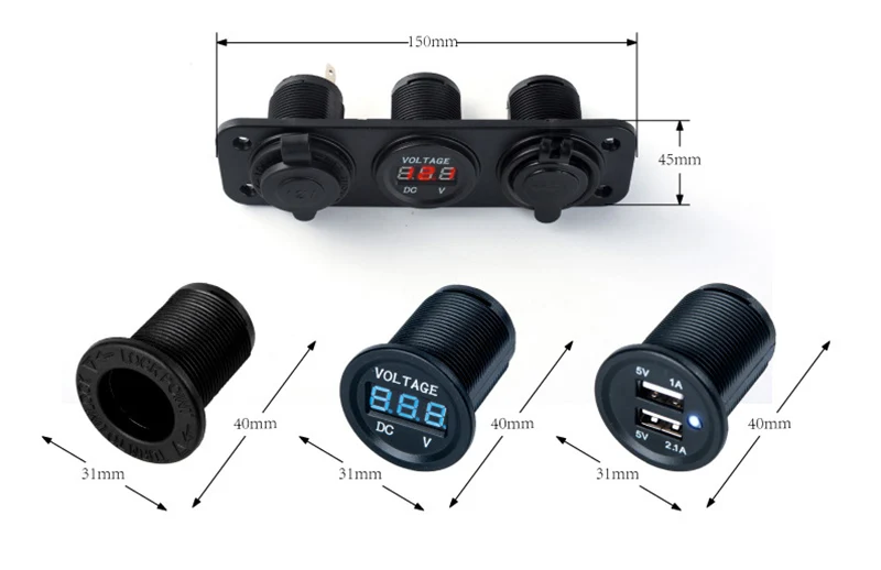 3in1 1A 2.1A Адаптер зарядного устройства с двойным USB разъем+ светодиодный цифровой Напряжение вольтметр монитор+ гнездо для автомобильного прикуривателя Порты и разъёмы 12V 24V