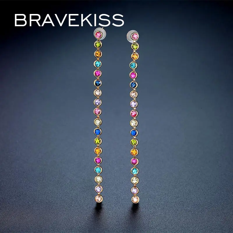Красочные длинные висячие серьги с кристаллами BRAVEKISS для женщин модные 2019 новые