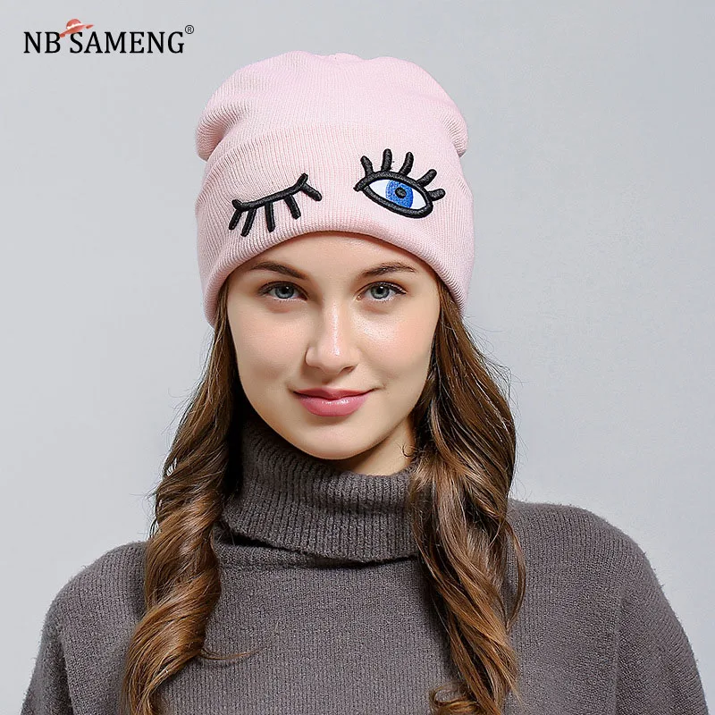 Winter Warm Women Beanie Funny Eyes Embroidered Knitted Woolen Hat High