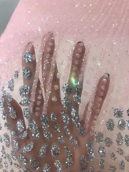 

Pink mesh embroidery french net lace fabric ZH1922519 silver glitter shinning net fabric for party dress