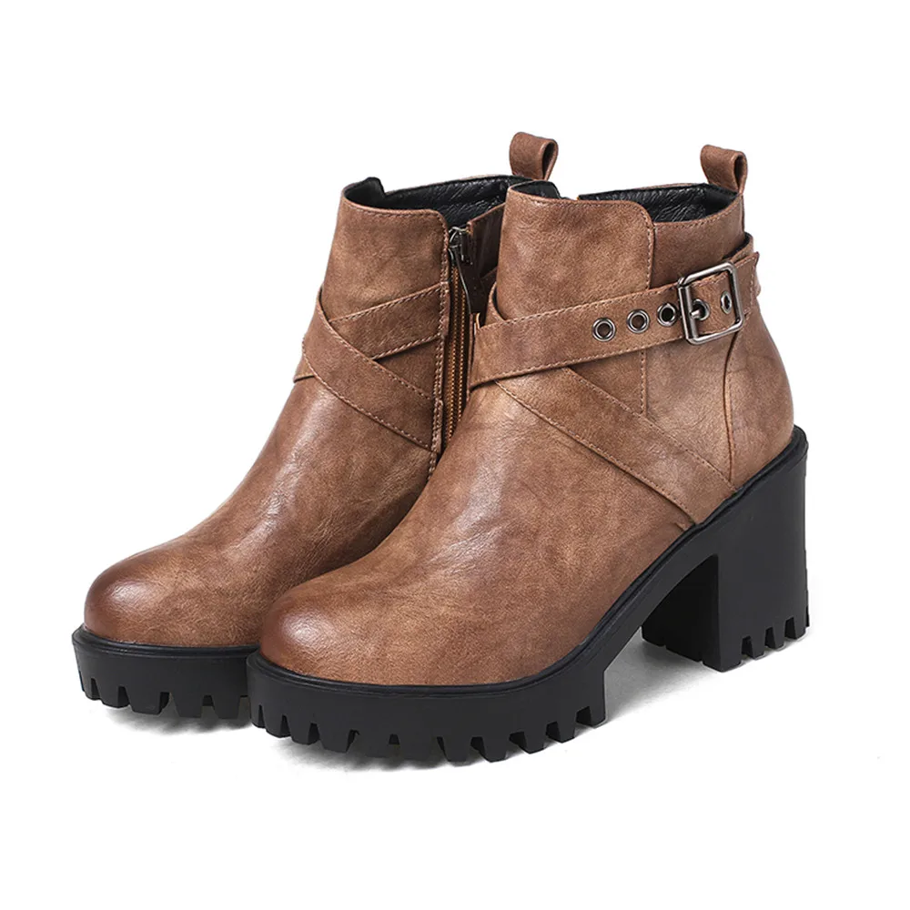 MoonMeek/модные женские ботинки; Цвет черный, коричневый; женские ботинки на молнии с круглым носком; Зимние Теплые ботильоны с пряжкой на квадратном каблуке