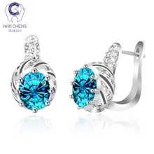 HanCheng Новая мода Роскошные медь U форма Круглый ААА Циркон драгоценный камень серебряные серьги гвоздики для женщин ювелирные изделия brincos bijoux