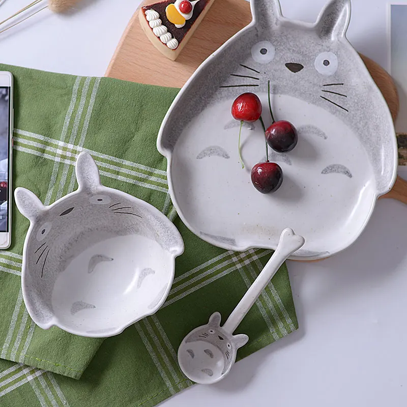 Творческий 3D Тоторо керамика обеденная тарелка блюдо миска ложка набор керамики контейнер для еды посуда дети керамическая посуда столовая посуда - Цвет: 3pcs Set