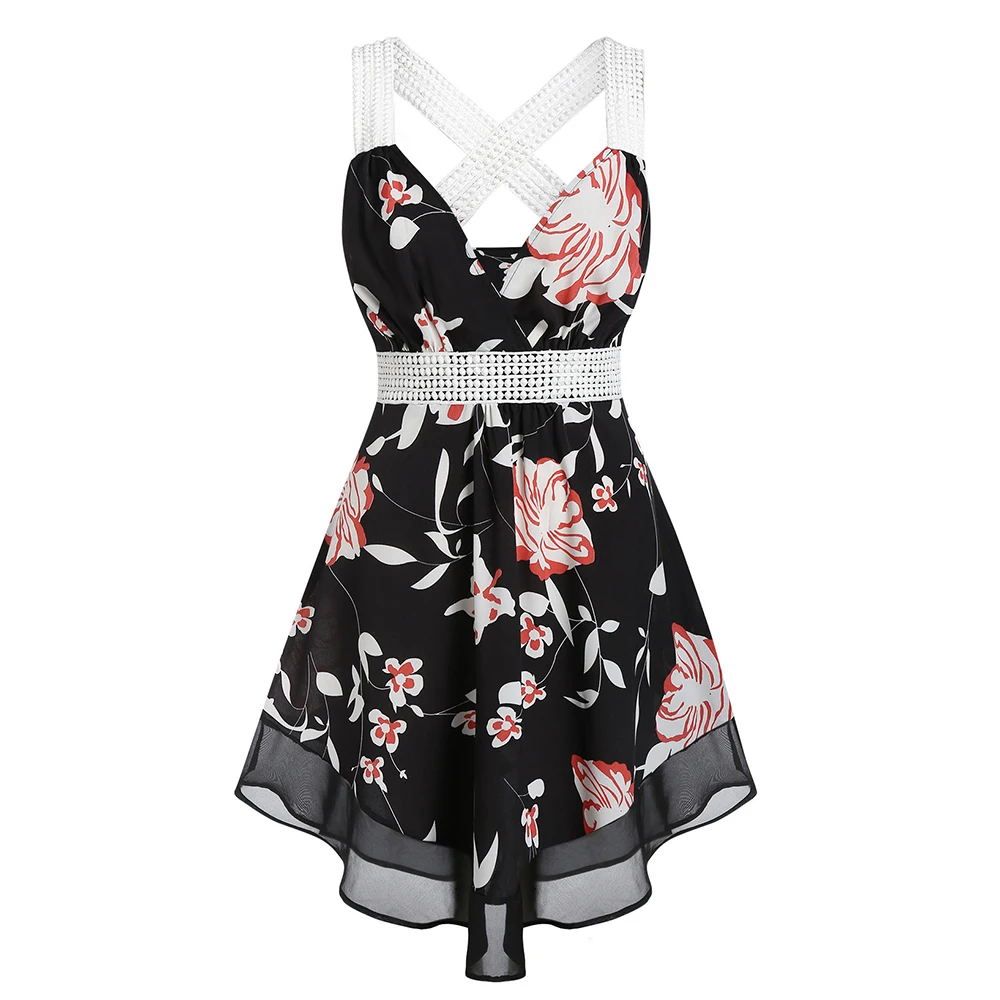 

ROSE GAL Women Plus Size Floral Print Casual Sleeveless Tank Top Back Cross Chiffon Long Tank Cami Lace Shoulder Strap Top