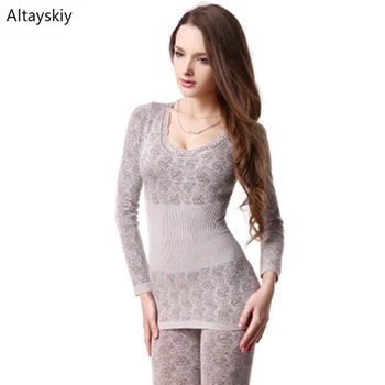 

Thermal Underwear Women Lace O-Neck Slim Thin Colorful Womens Abdomen Ladies Elegant Body Shaped Suit Sets Bottoming Trendy