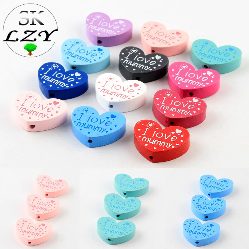 

10PCS Heart Shape I Like Mom Pattern Creative Wood Beads DIY Multicolor Holiday Gift Surprise Handmade Jewelry Accessories 23x30