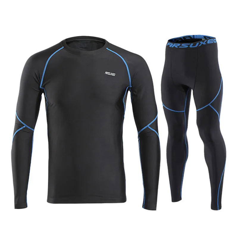 Дышащий комплект для бега, плотно облегающие, баскетбольные, спортивные, для мужчин, для тренировок, фитнеса, с длинными рукавами, рубашка, штаны для мужчин - Цвет: Black Blue Set