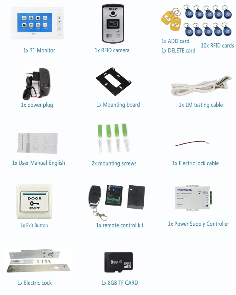 JERUAN Новый 7 ''видео-телефон двери голос/видео Запись домофон комплект Алюминий панель RFID Доступа ИК Камера простота установки