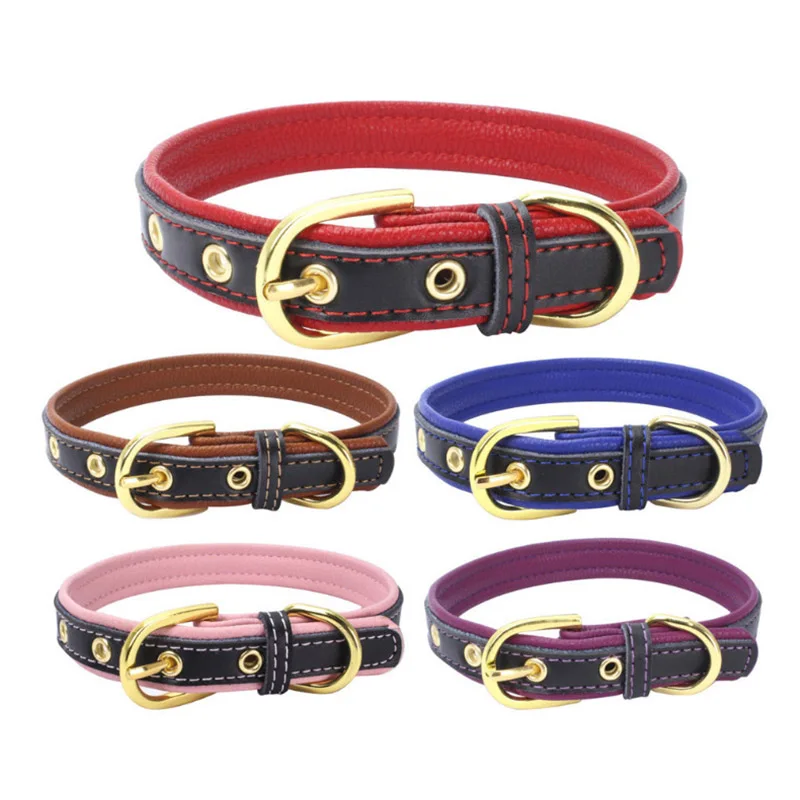 

Dog Collars Luxury Golden Retaining Ring Double Genuine Leather Pet Collars Comfortable Soft Substrate Padded Neck Strap Leash