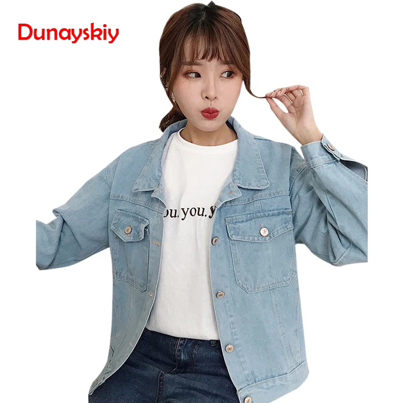 Dunayskiy Female Basic Long Sleeve Spring Autumn Loose Denim Jacket Casual Streetwear Single-breasted Jeans Coat Casaco Feminino Coats