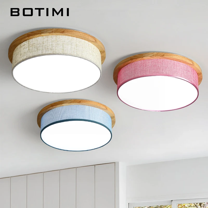 

BOTIMI LED Ceiling Lights with Fabric Lampshade Modern Round Ceiling Lamp Wooden Bedroom Luminaire Wood Dining Lighting Fixture