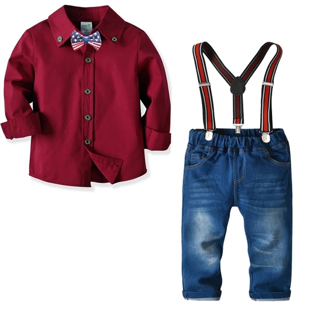 Fashion Boys Clothes Children Clothing Sets Costumes Kids Set Toddler Shirt+Jeans Bow Tie Pants Romper Suits Wear 2-7T TZ015 |