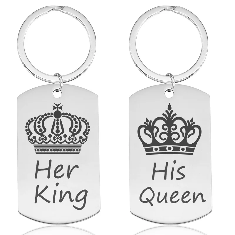 

Canuomen Couple Keychain Her King His Queen Stainless Steel Crown Engraved Keyrings Valentine's Day Gift Lover Keychains
