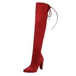 Зимние теплые ботинки женская обувь европейский стиль до колена на высоком каблуке на шпильке с острым носком высокие ботинки из замши