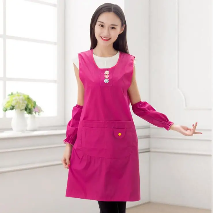 

Waterproof Apron Set For Women Kitchen Cooking Housework Apron Dress With Over sleeves Embroidered Flower Bibs