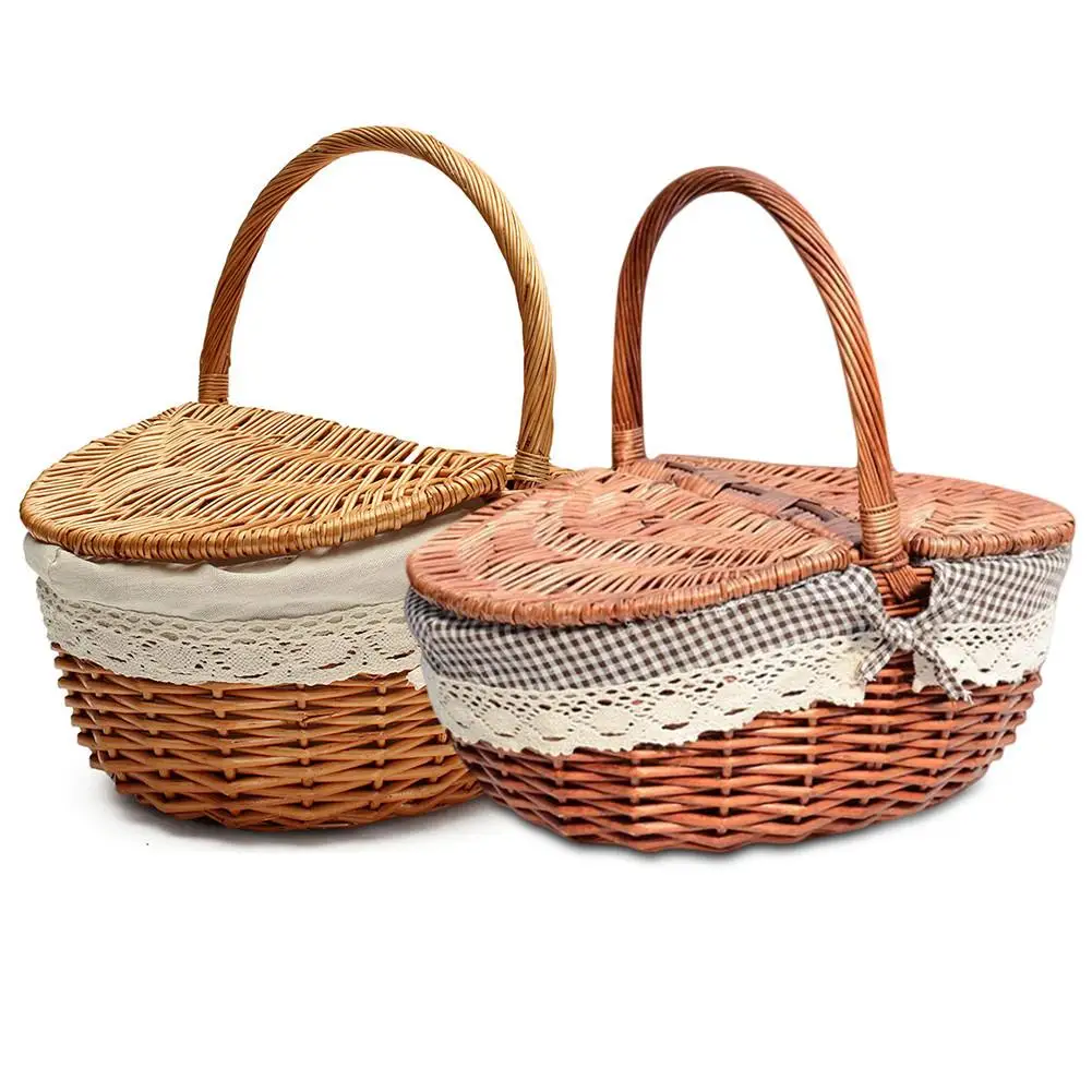

AIHOME Hand Made Wicker Basket Wicker Camping Picnic Basket Shopping Storage Hamper Handle Wooden Color Wicker Picnic Basket