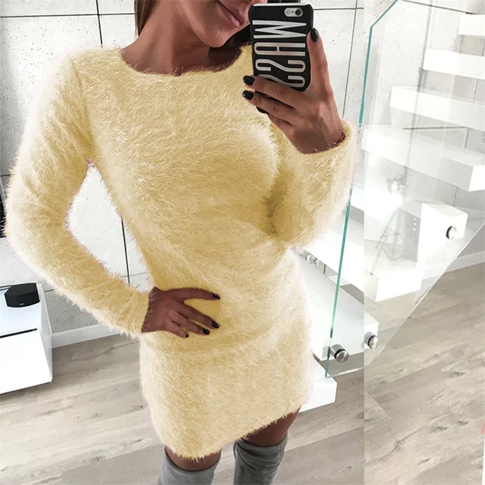 Winter Plush sweater Dress Women Party Bodycon Christmas Black clothing Sexy Mini bandage knitted Dress For Female - Цвет: apricot