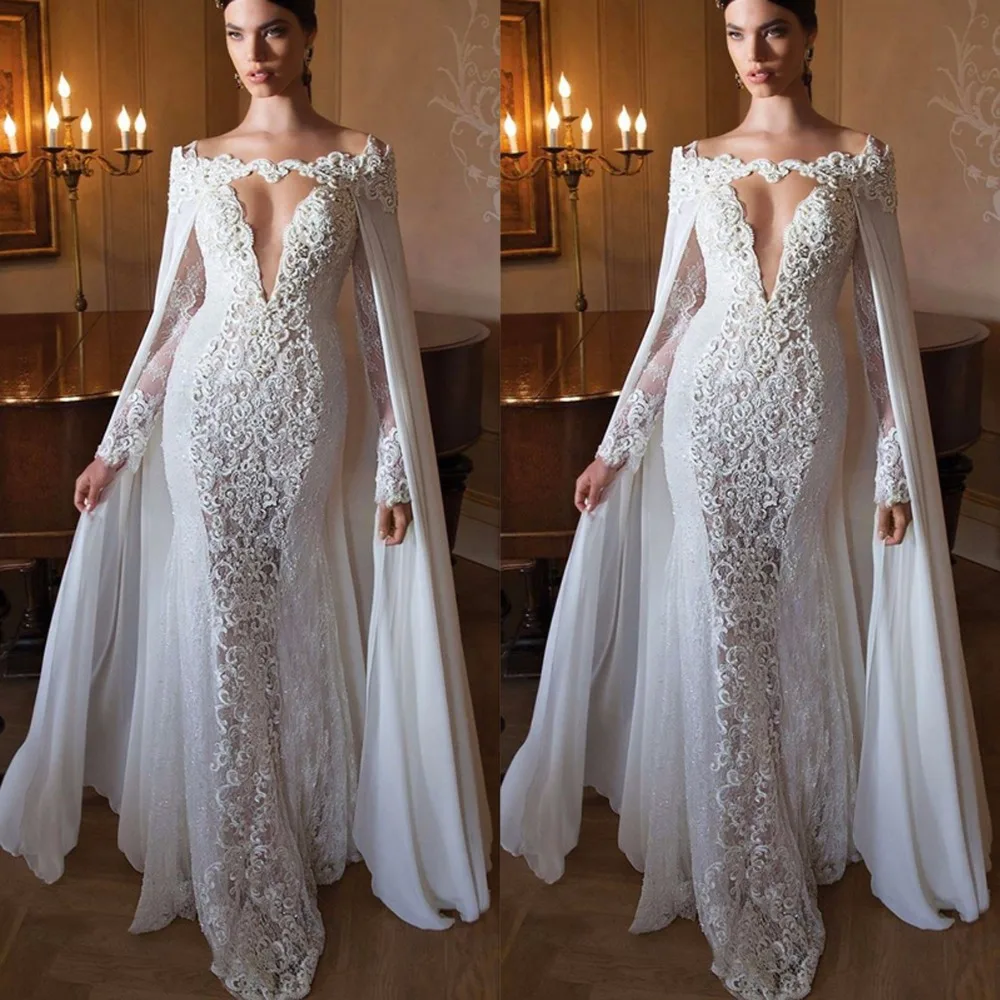Special Design With Cape White Appliques Lace Evening DResses Long Women Formal Gown Evening Gowns Deep V Long Mermaid Dresses Special Design With Cape White Appliques Lace Evening DResses Long Women Formal Gown Evening Gowns Deep V Long Mermaid Dresses