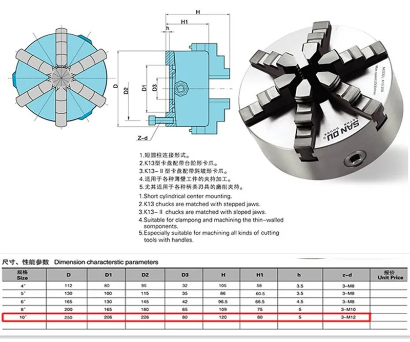 SAN OU Высокое качество 6-Челюсти само-центрирующий патрон токарного станка 10 ''250 мм патрон шесть челюсти K13-250 для самостоятельной сборки мини токарные станки сверла фрезерные