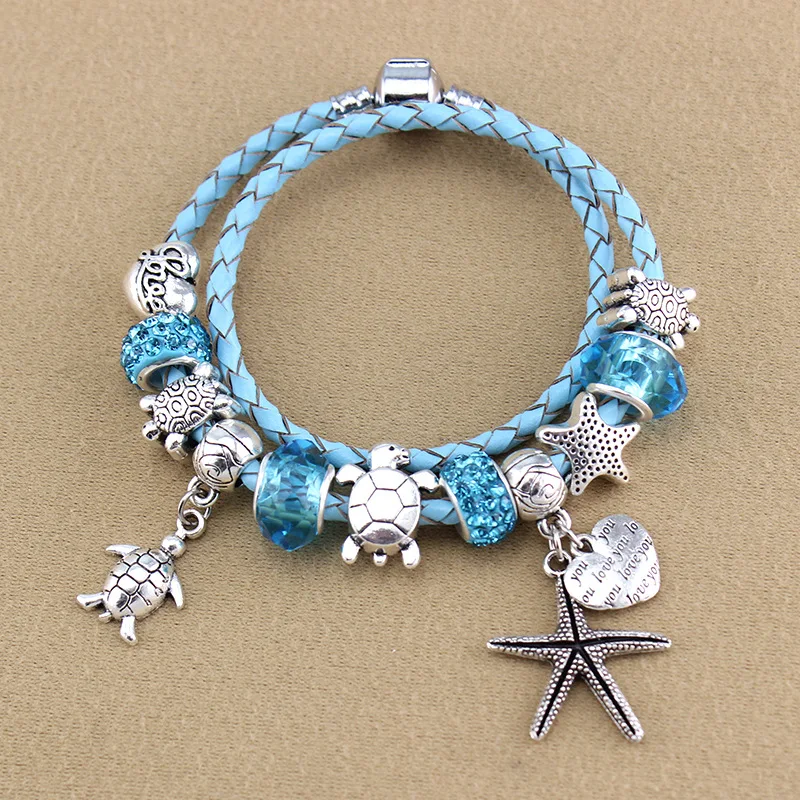 Ocean Series Women Bracelets&Bangles With Starfish Turtles Blue Beads Bracelet Women Jewelry